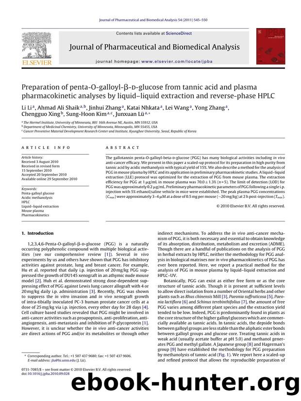 Preparation of penta-O-galloyl-ÃÂ²-d-glucose from tannic acid and plasma pharmacokinetic analyses by liquidÃ¢â¬âliquid extraction and reverse-phase HPLC by Li Li