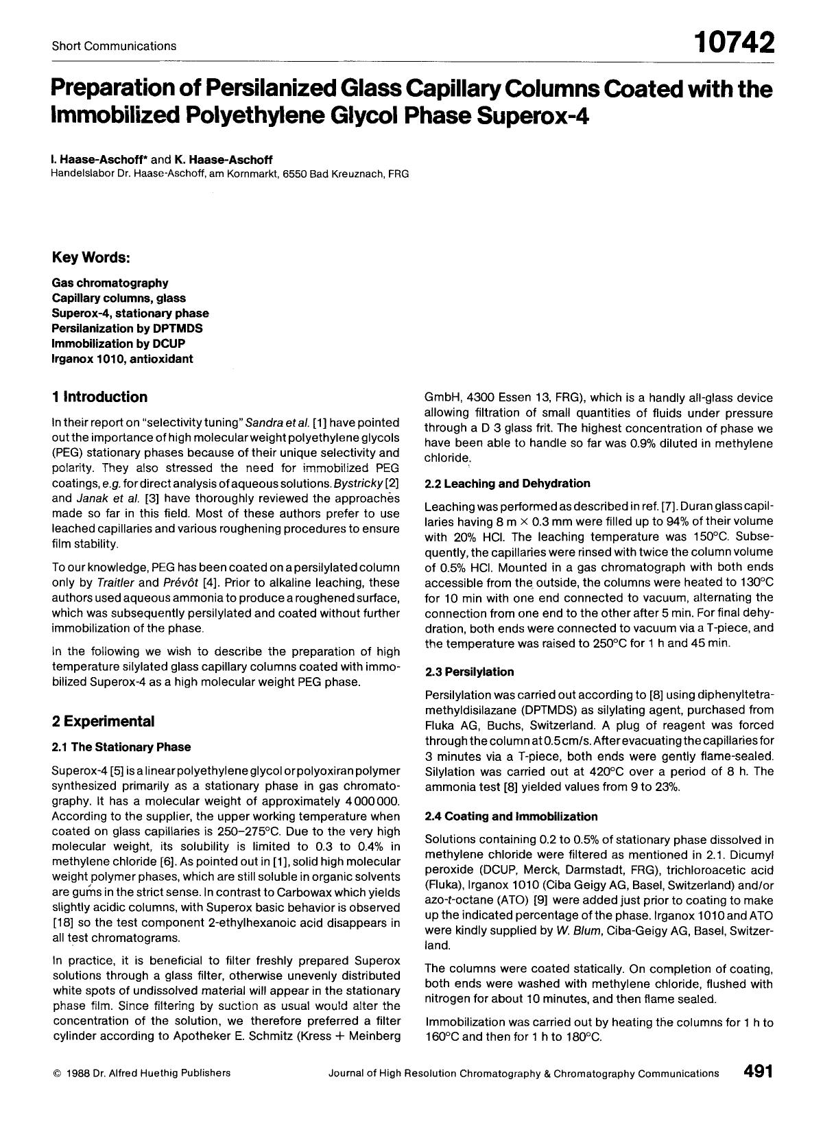 Preparation of persilanized glass capillary columns coated with the immobilized polyethylene glycol phase superox-4 by Unknown
