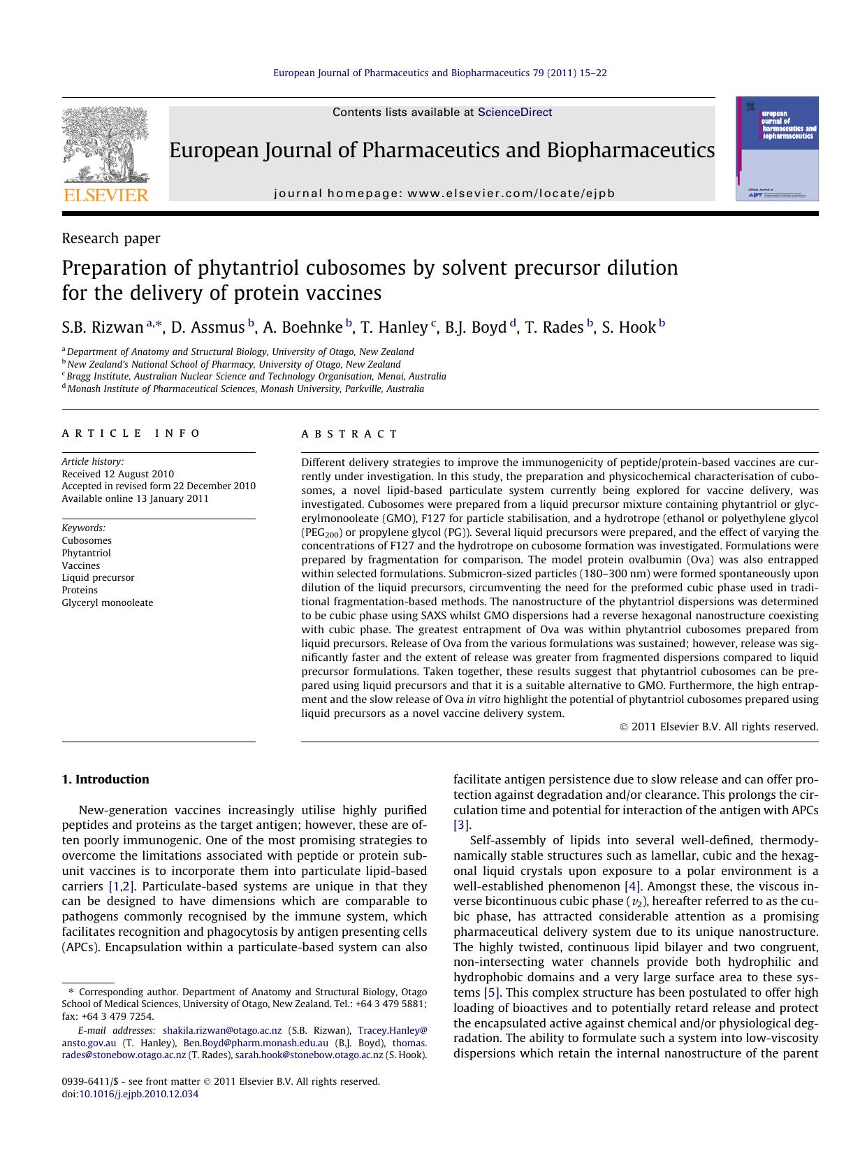 Preparation of phytantriol cubosomes by solvent precursor dilution for the delivery of protein vaccines by S.B. Rizwan & D. Assmus & A. Boehnke & T. Hanley & B.J. Boyd & T. Rades & S. Hook