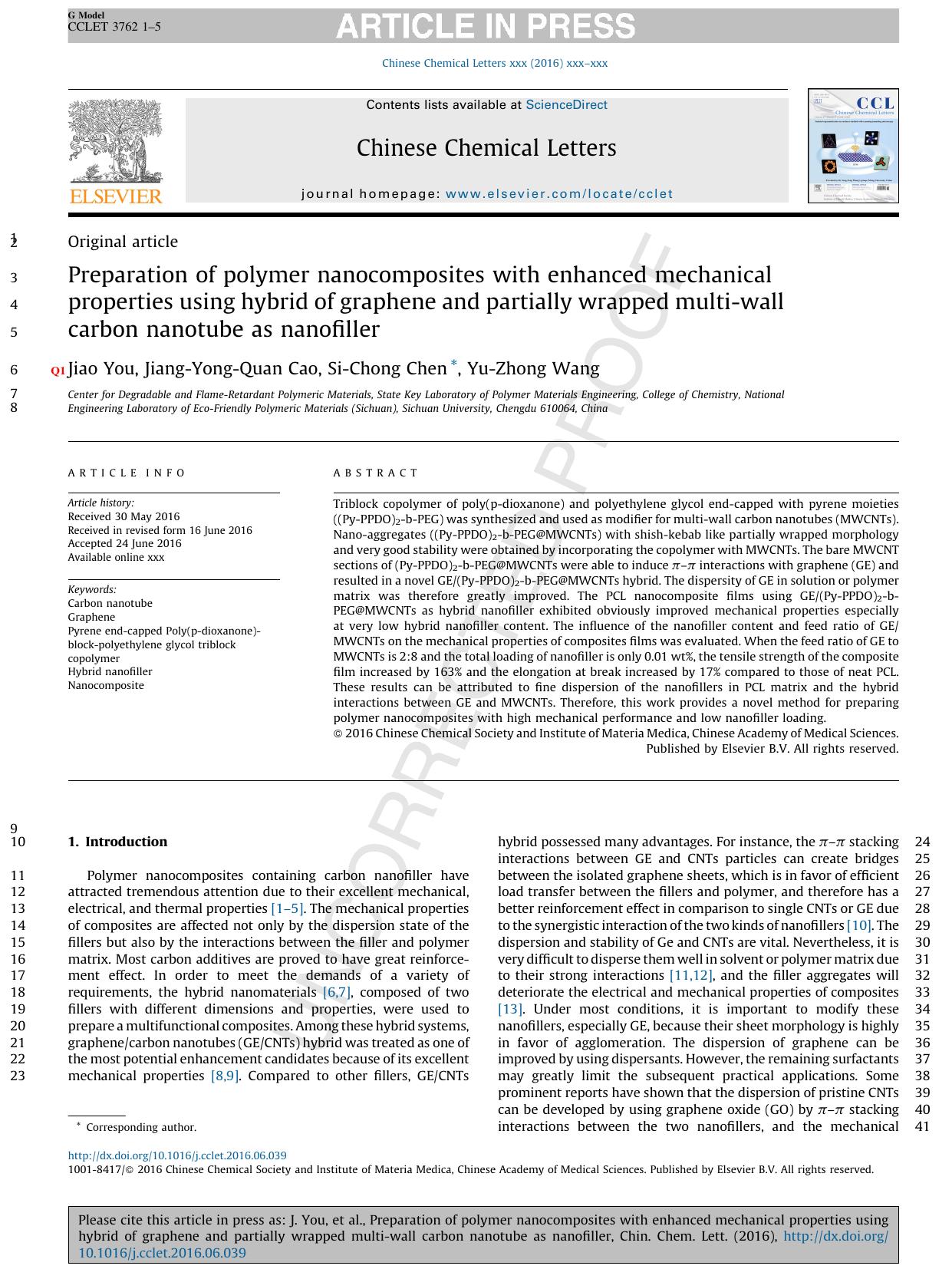 Preparation of polymer nanocomposites with enhanced mechanical properties using hybrid of graphene and partially wrapped multi-wall carbon nanotube as nanofiller by Jiao You & Jiang-Yong-Quan Cao & Si-Chong Chen & Yu-Zhong Wang