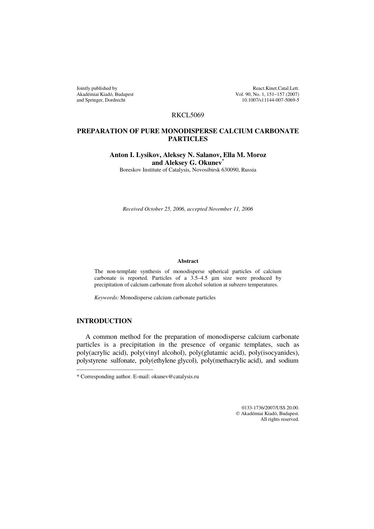 Preparation of pure monodisperse calcium carbonate particles by Unknown