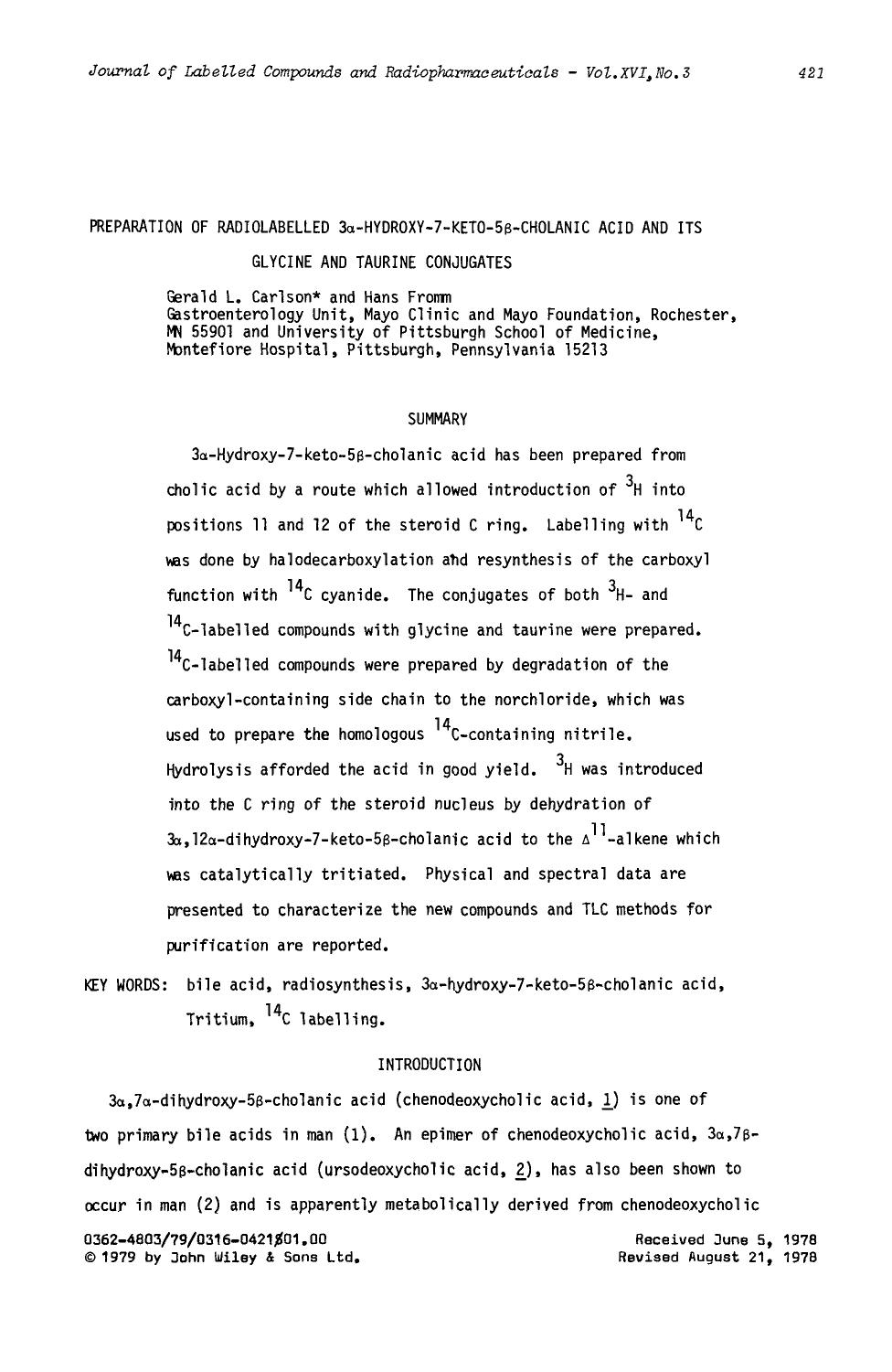 Preparation of radiolabelled 3[alpha]-hydroxy-7-keto-5[beta]-cholanic acid and its glycine and taurine conjugates by Unknown