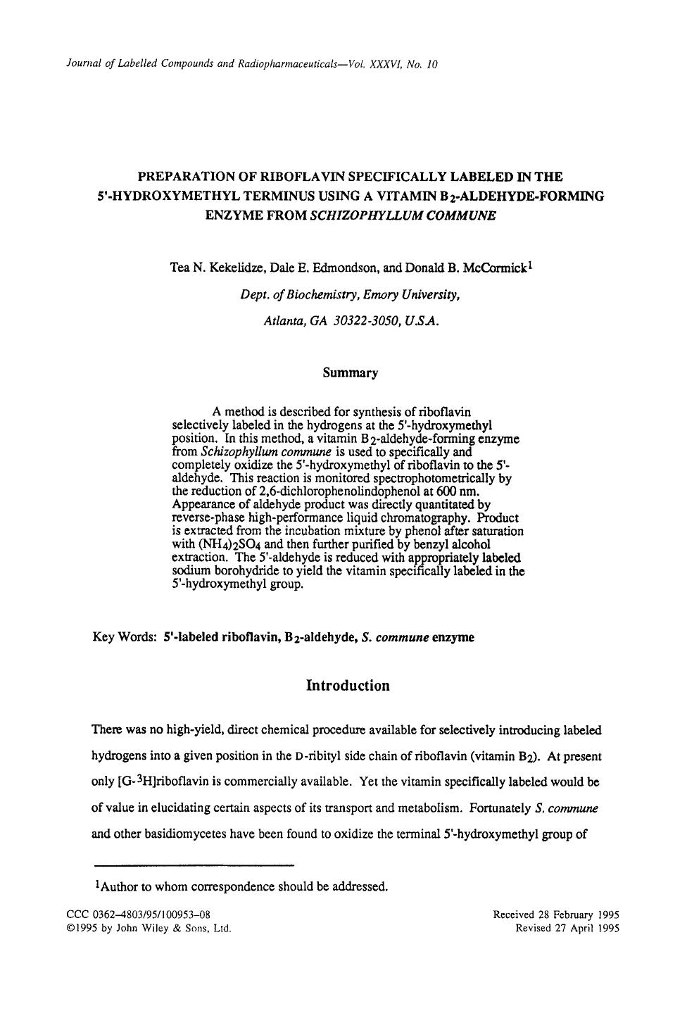 Preparation of riboflavin specifically labeled in the 5[prime]-hydroxymethyl terminus using a vitamin B2-aldehyde-forming enzyme from Schizophyllum commune by Unknown