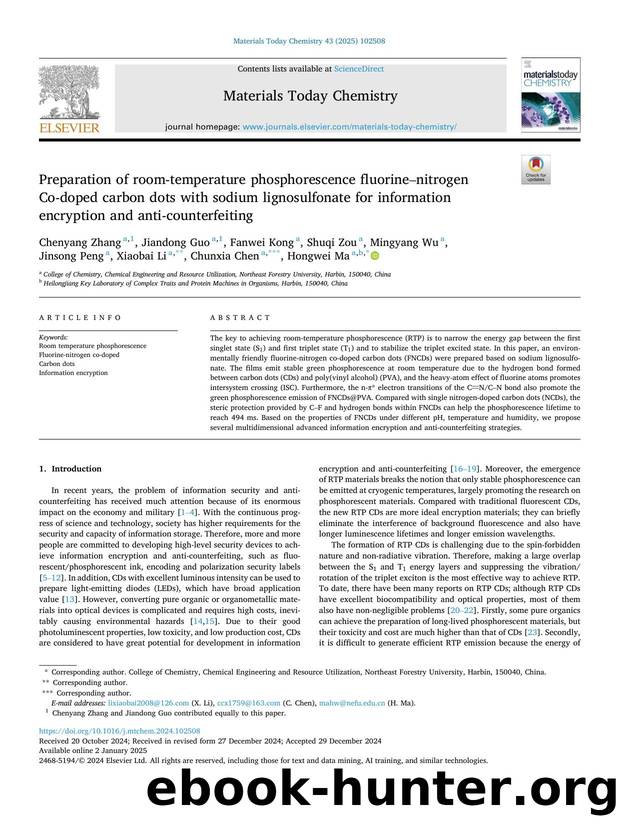 Preparation of room-temperature phosphorescence fluorineânitrogen Co-doped carbon dots with sodium lignosulfonate for information encryption and anti-counterfeiting by Chenyang Zhang