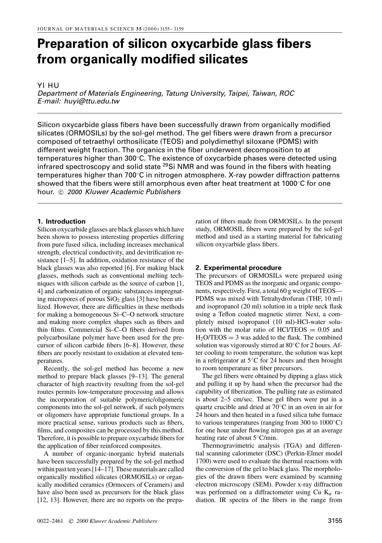 Preparation of silicon oxycarbide glass fibers from organically modified silicates by Unknown
