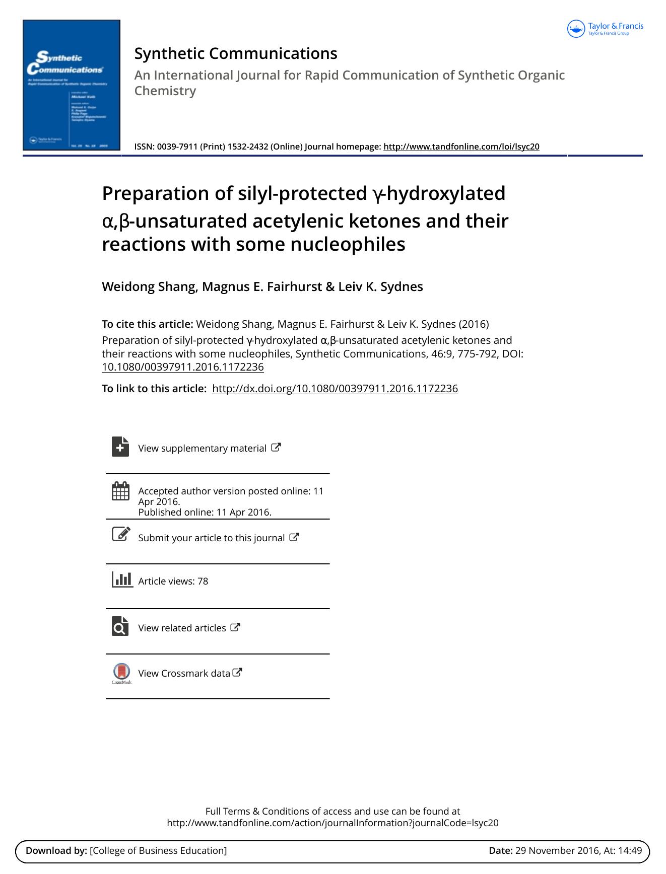 Preparation of silyl-protected Î³-hydroxylated Î±,Î²-unsaturated acetylenic ketones and their reactions with some nucleophiles by Weidong Shang