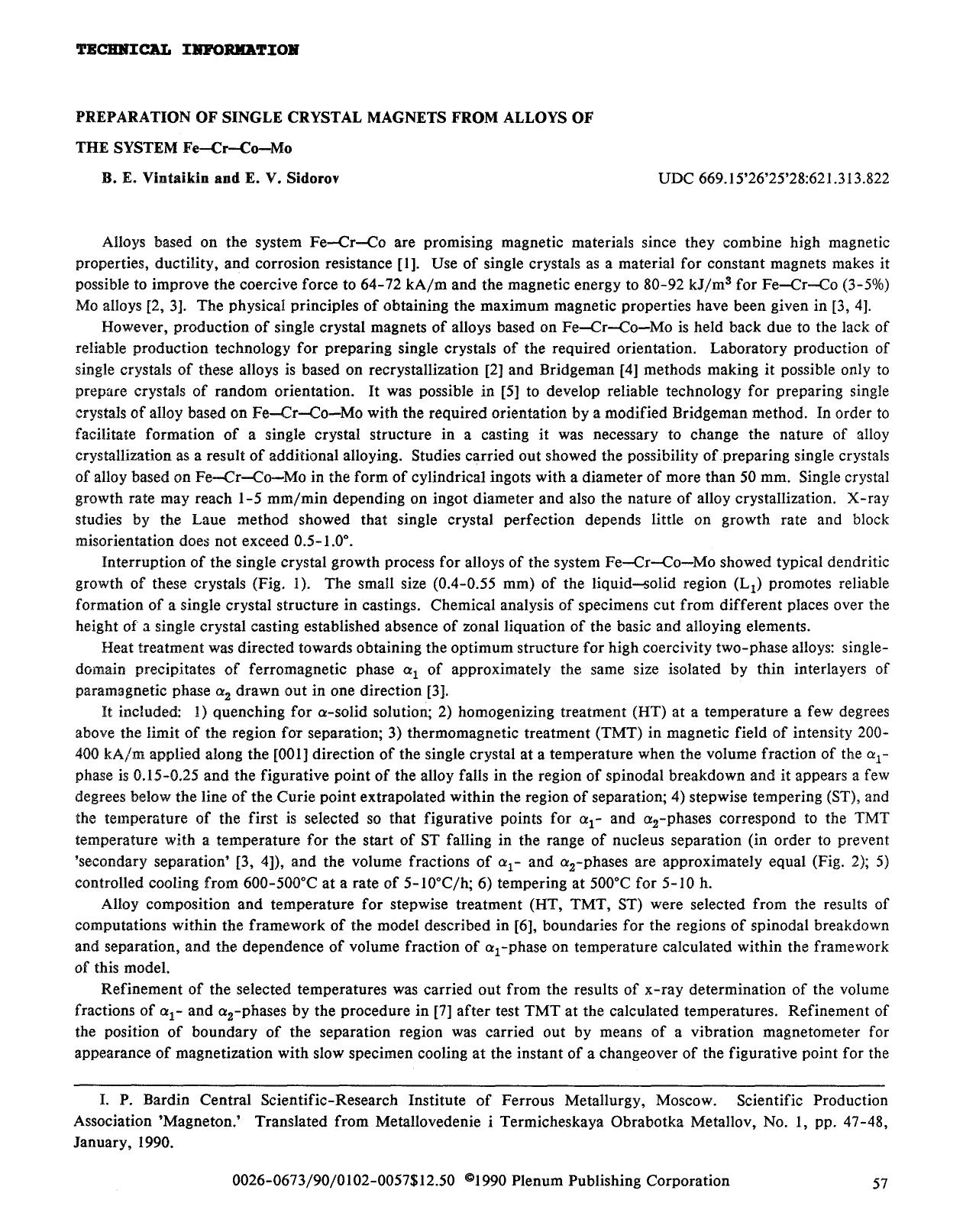 Preparation of single crystal magnets from alloys of the system Fe-Cr-Co-Mo by Unknown