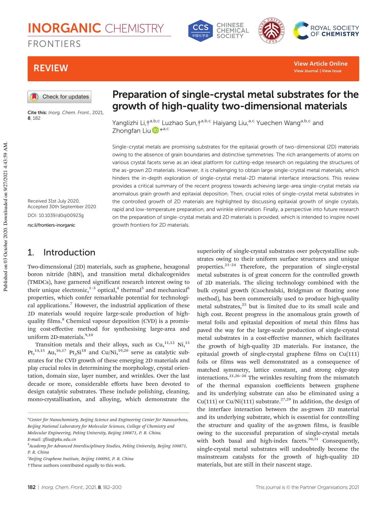 Preparation of single-crystal metal substrates for the growth of high-quality two-dimensional materials by Yanglizhi Li Luzhao Sun Haiyang Liu Yuechen Wang Zhongfan Liu