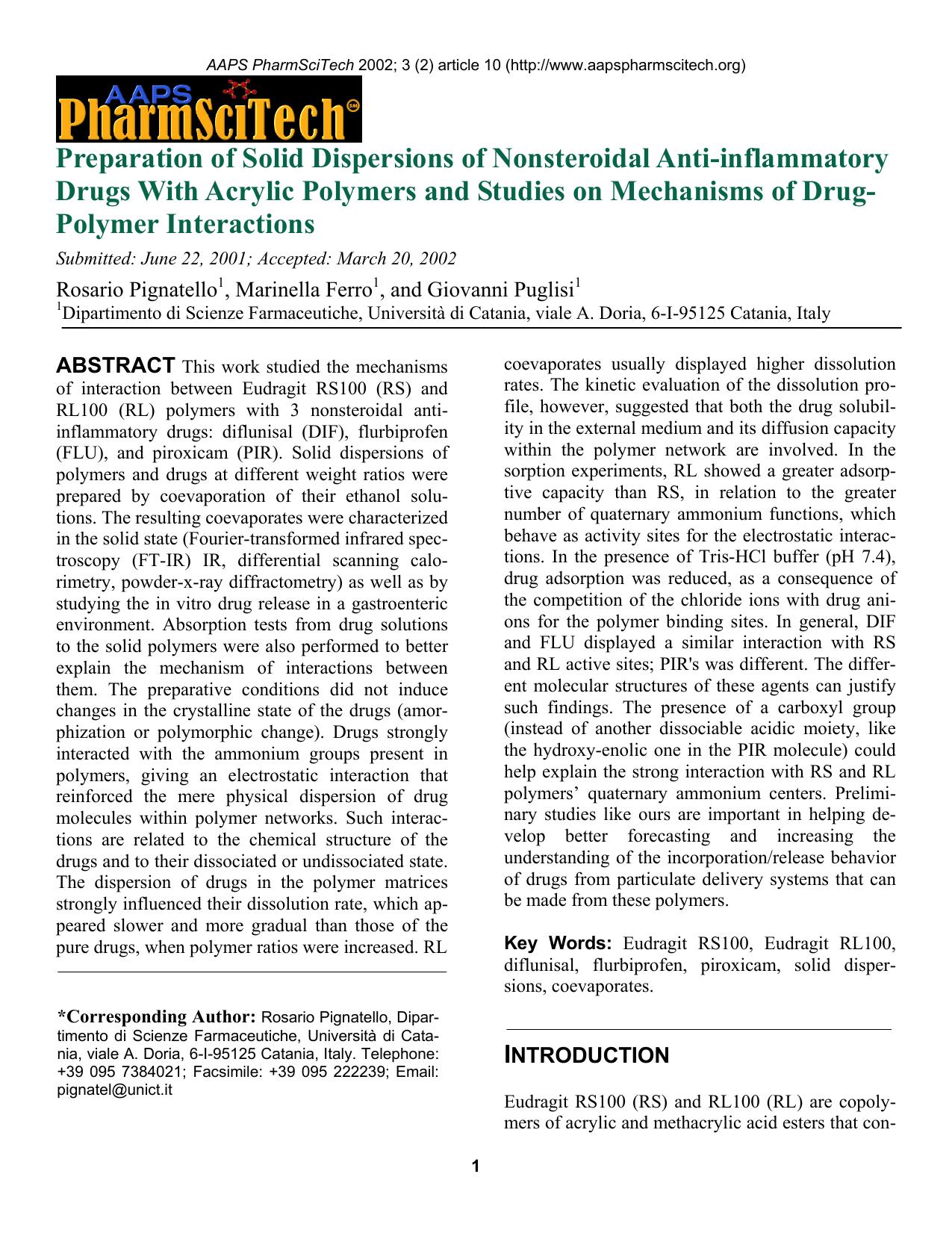 Preparation of solid dispersions of nonsteroidal anti-inflammatory drugs with acrylic polymers and studies on mechanisms of drug-polymer interactions by Unknown