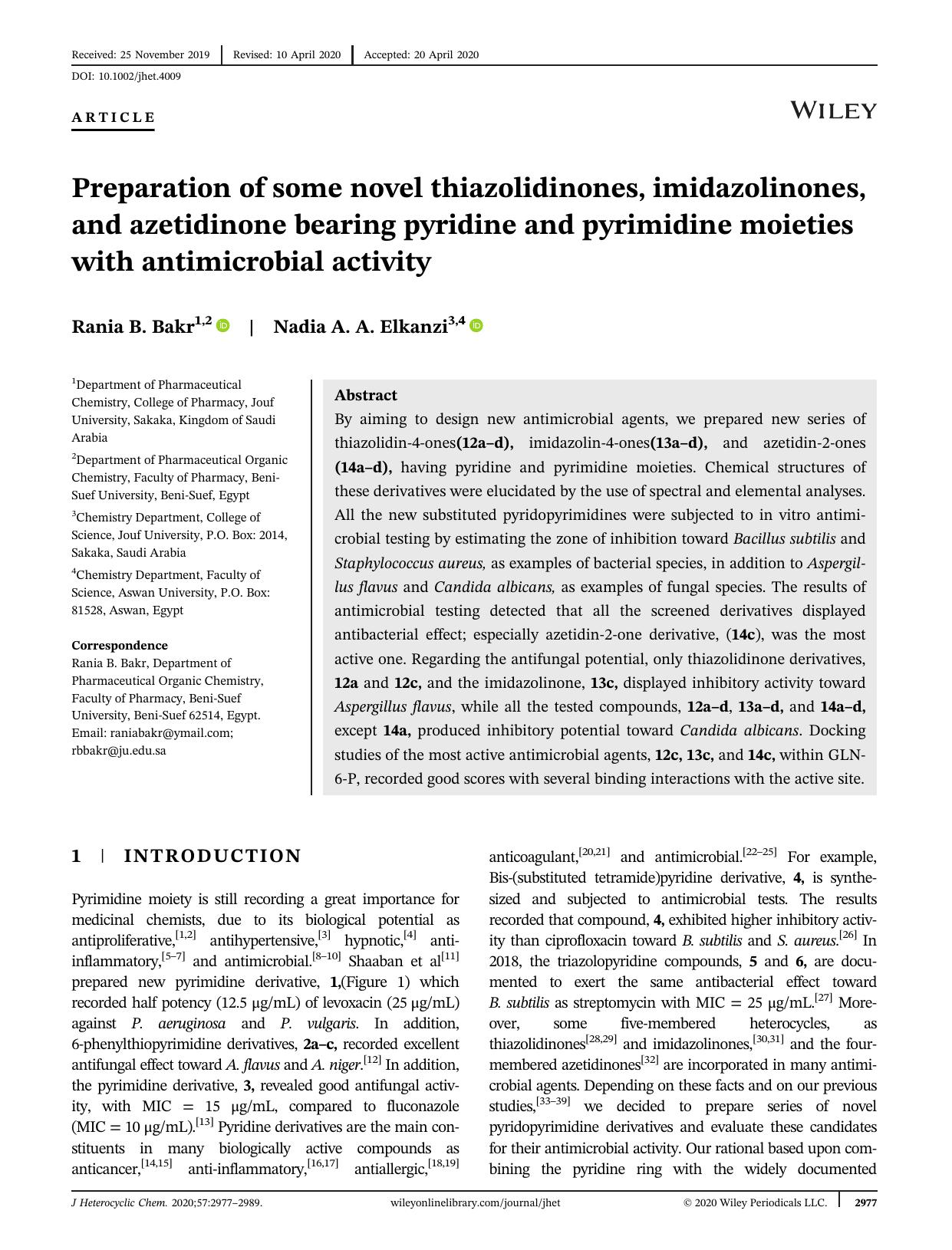 Preparation of some novel thiazolidinones, imidazolinones and azetidinone bearing pyridine and pyrimidine moieties with antimicrobial activity by Unknown