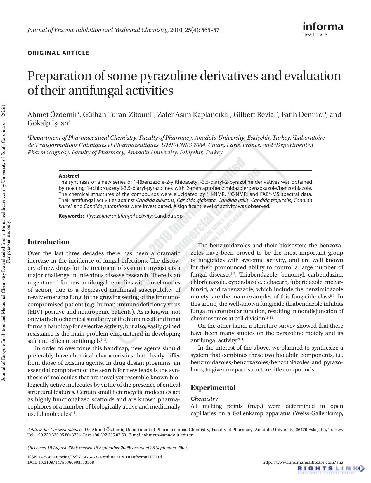 Preparation of some pyrazoline derivatives and evaluation of their antifungal activities by unknow