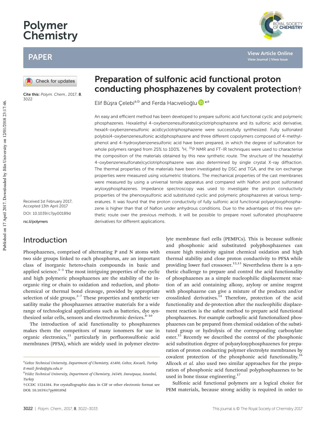 Preparation of sulfonic acid functional proton conducting phosphazenes by covalent protection by Elif Büşra Çelebi Ferda Hacıvelioğlu