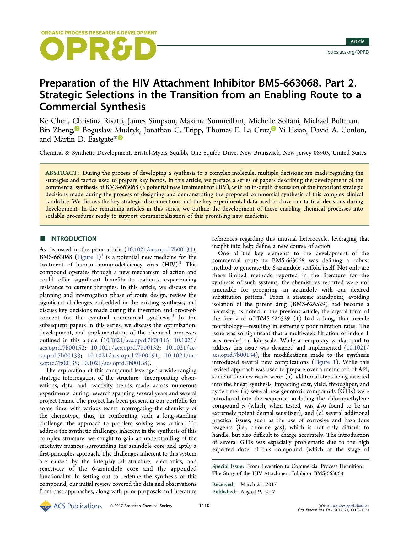 Preparation of the HIV Attachment Inhibitor BMS-663068. Part 2. Strategic Selections in the Transition from an Enabling Route to a Commercial Synthesis by unknow