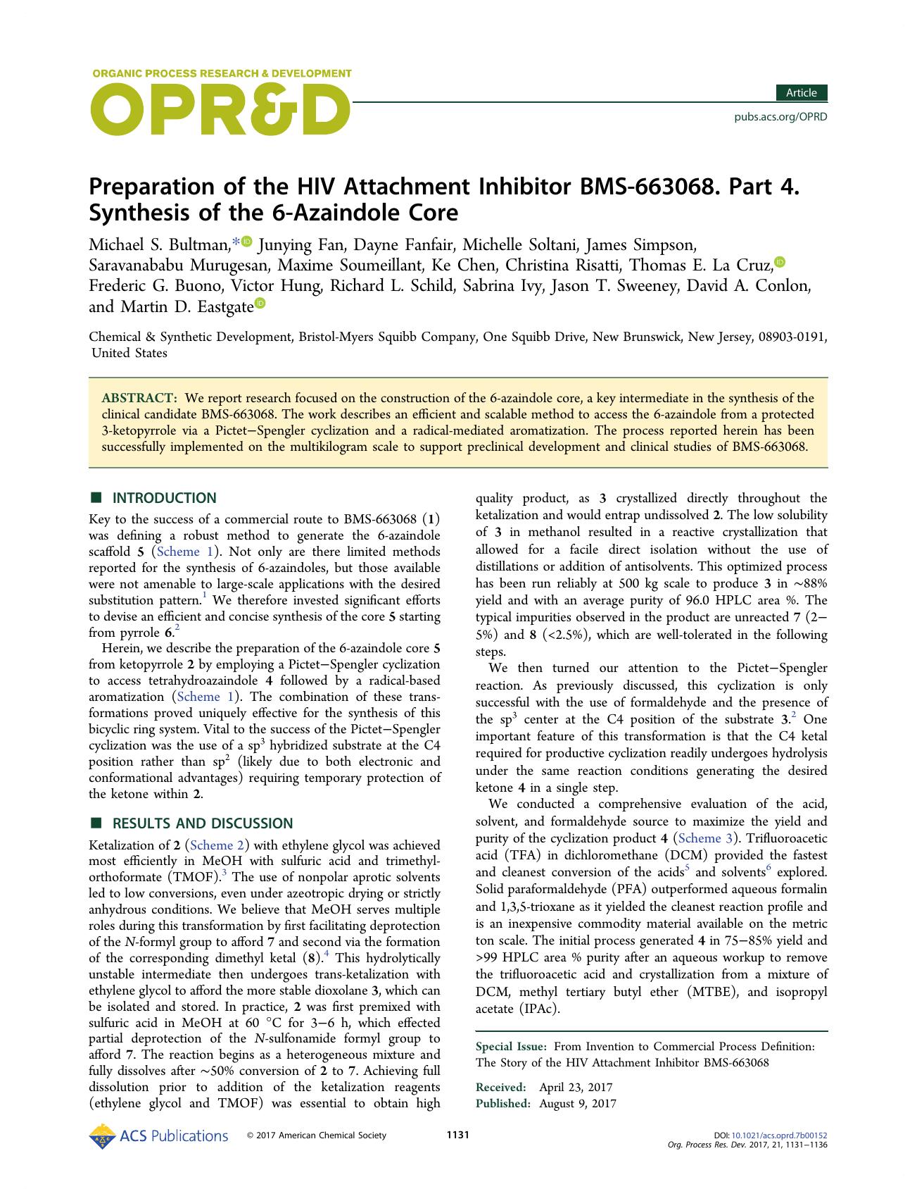Preparation of the HIV Attachment Inhibitor BMS-663068. Part 4. Synthesis of the 6-Azaindole Core by unknow