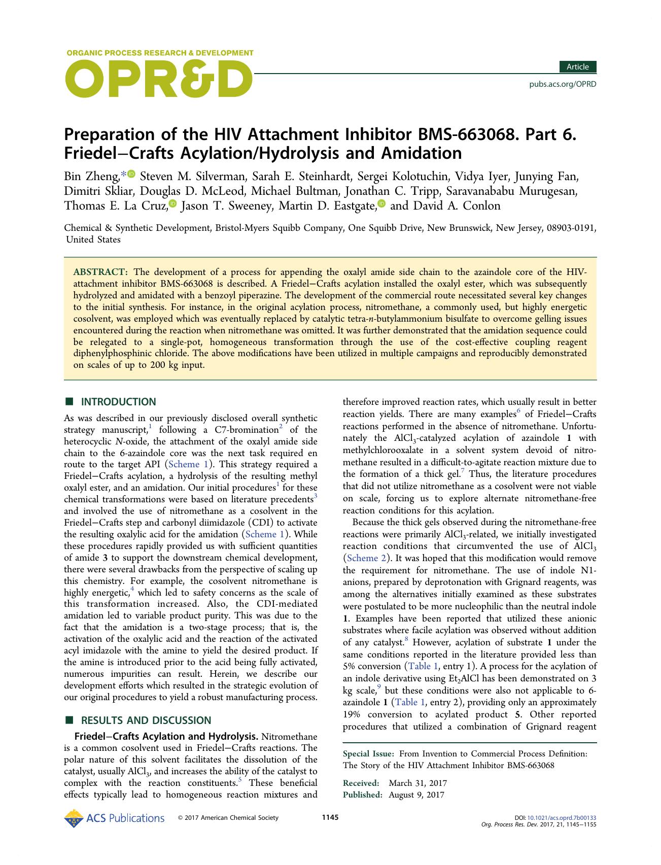 Preparation of the HIV Attachment Inhibitor BMS-663068. Part 6. FriedelâCrafts AcylationHydrolysis and Amidation by unknow