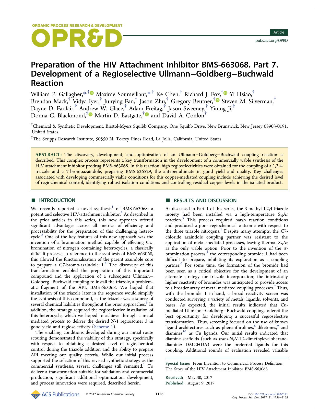 Preparation of the HIV Attachment Inhibitor BMS-663068. Part 7. Development of a Regioselective UllmannâGoldbergâBuchwald Reaction by unknow