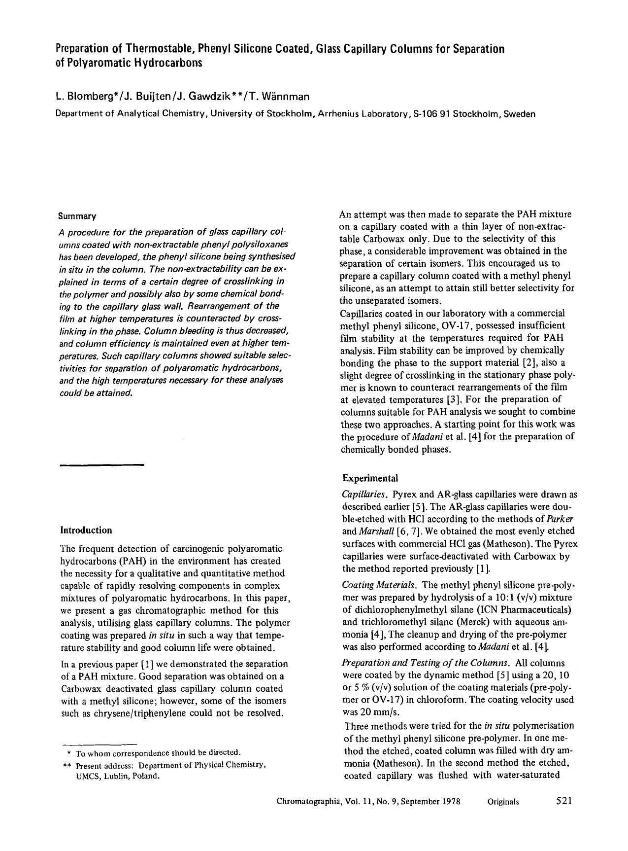 Preparation of thermostable, phenyl silicone coated, glass capillary columns for separation of polyaromatic hydrocarbons by Unknown