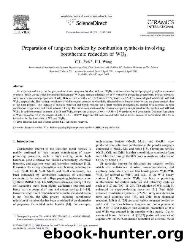 Preparation of tungsten borides by combustion synthesis involving borothermic reduction of WO3 by C.L. Yeh