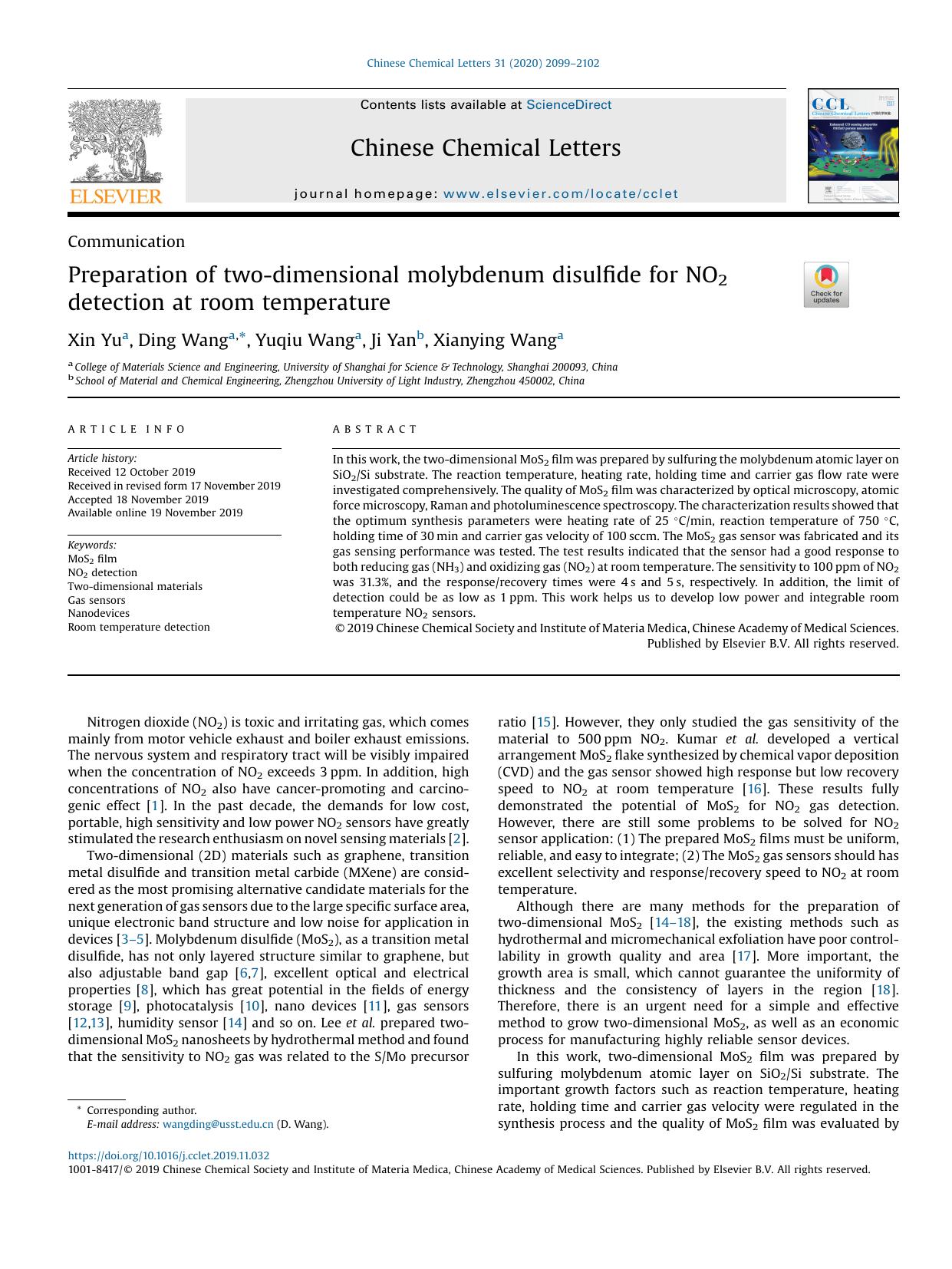 Preparation of two-dimensional molybdenum disulfide for NO2 detection at room temperature by Xin Yu & Ding Wang & Yuqiu Wang & Ji Yan & Xianying Wang