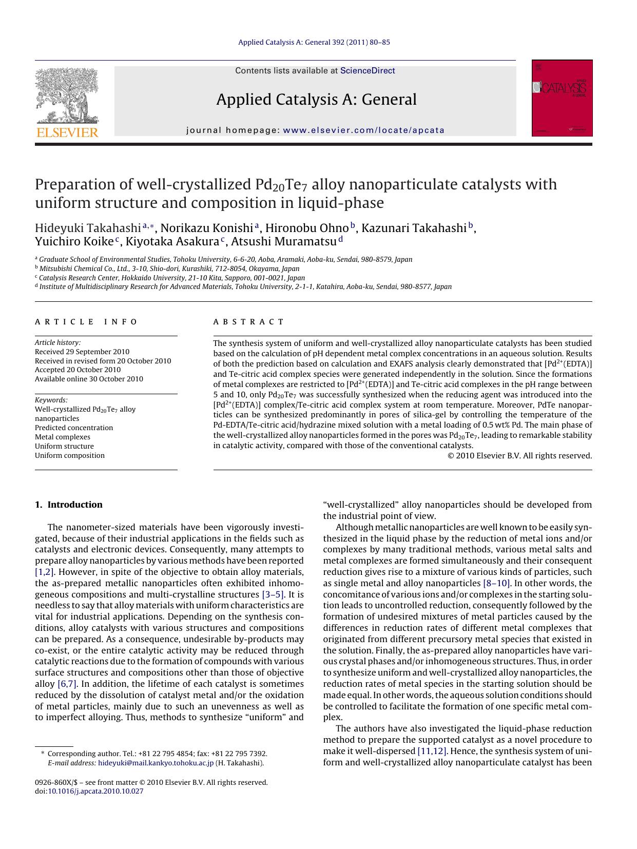 Preparation of well-crystallized Pd20Te7 alloy nanoparticulate catalysts with uniform structure and composition in liquid-phase by Hideyuki Takahashi