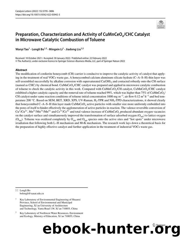 Preparation, Characterization and Activity of CuMnCeOxCHC Catalyst in Microwave Catalytic Combustion of Toluene by Wanyi Tao & Longli Bo & Mingxin Li & Jiadong Liu