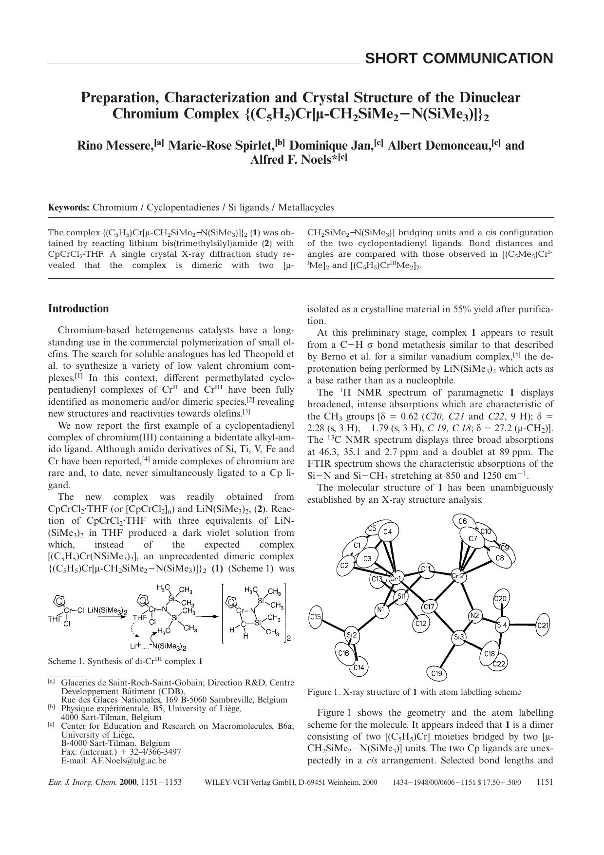 Preparation, Characterization and Crystal Structure of the Dinuclear Chromium Complex {(C5H5)Cr[[mgr]-CH2SiMe2-N(SiMe3)]}2 by Unknown