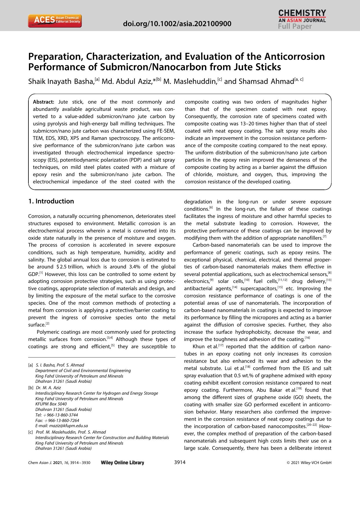 Preparation, Characterization, and Evaluation of the Anticorrosion Performance of SubmicronNanocarbon from Jute Sticks by Unknown