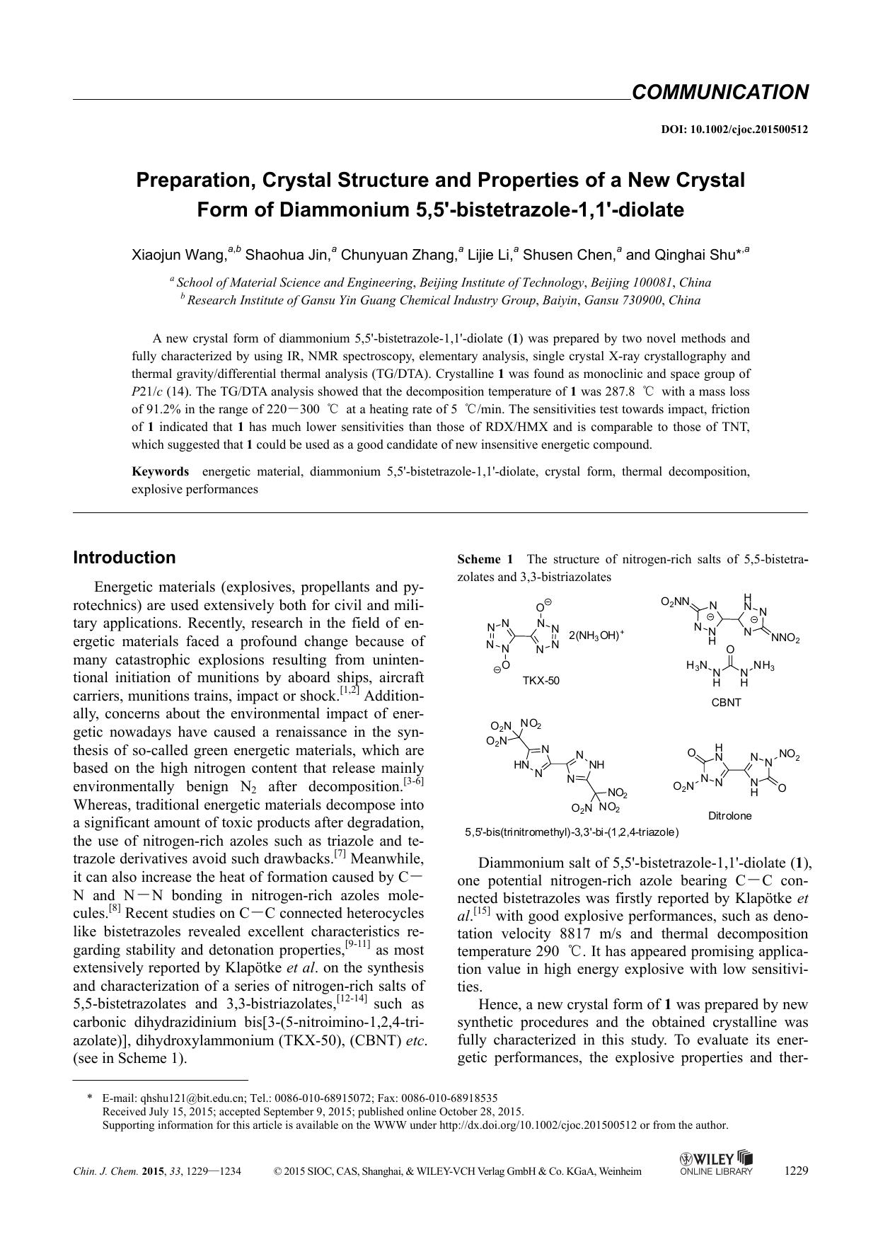 Preparation, Crystal Structure and Properties of a New Crystal Form of Diammonium 5,5bistetrazole1,1diolate by kxk1