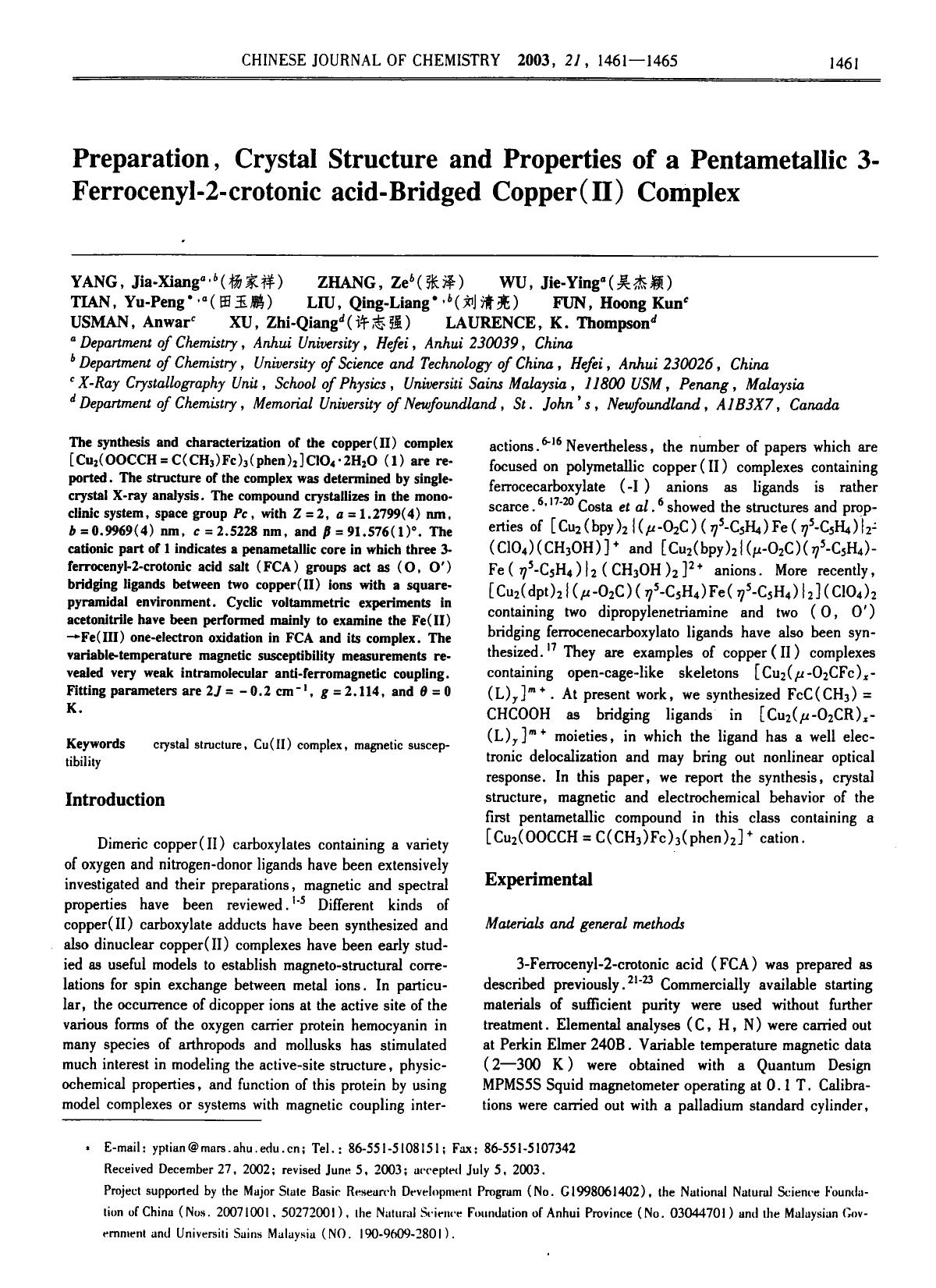 Preparation, Crystal Structure and Properties of a Pentametallic 3Ferrocenyl2crotonic acidBridged Copper (II) Complex by Unknown