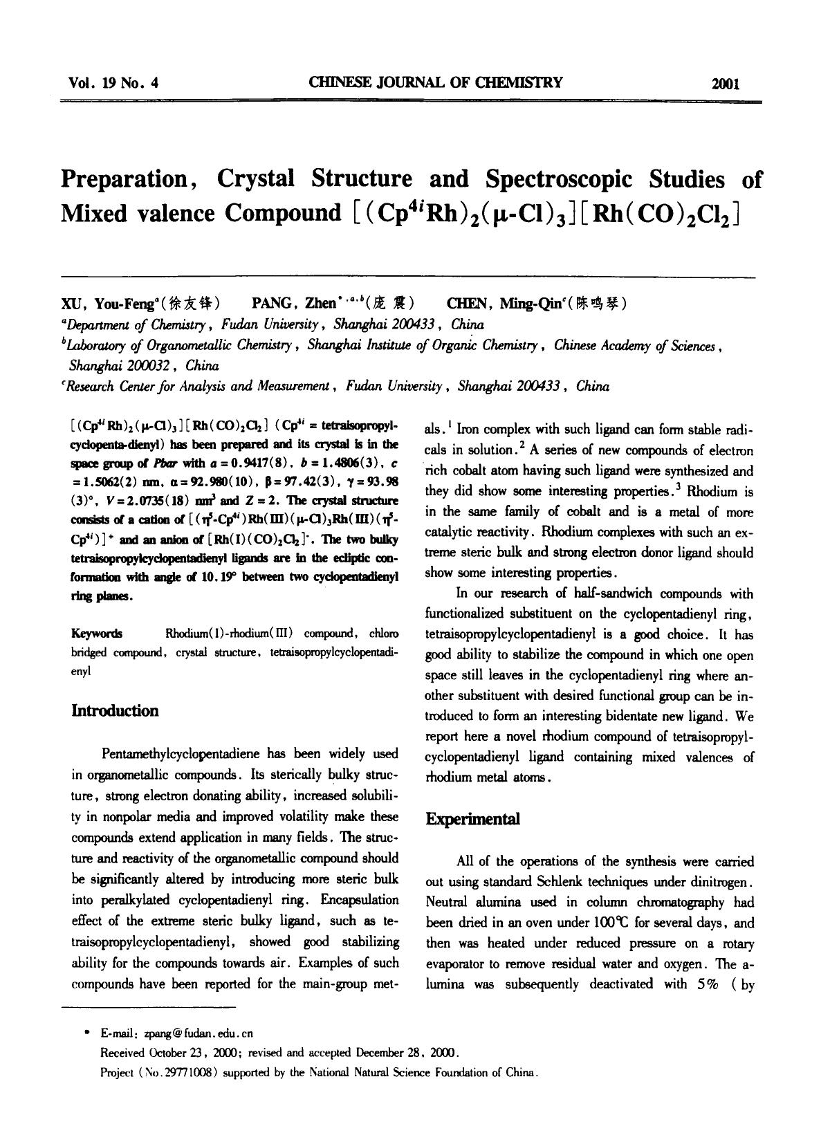 Preparation, Crystal Structure and Spectroscopic Studies of Mixed valence Compound [(Cp4i Rh)2 (Cl)3] [Rh(CO)2Cl2] by Unknown