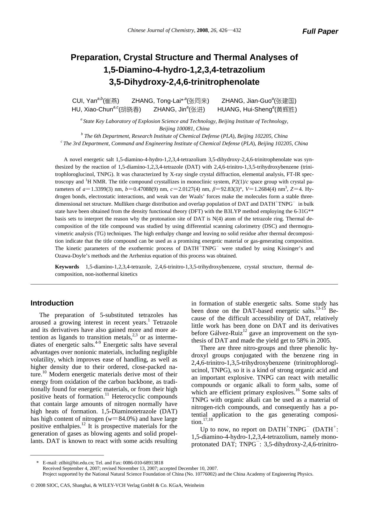 Preparation, Crystal Structure and Thermal Analyses of 1,5-Diamino-4-hydro-1,2,3,4-tetrazolium 3,5-Dihydroxy-2,4,6-trinitrophenolate by zhaoxj
