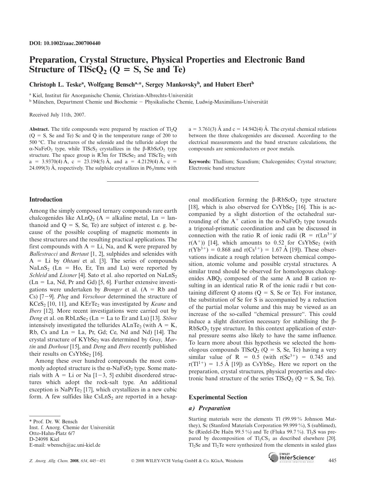 Preparation, Crystal Structure, Physical Properties and Electronic Band Structure of TlScQ2 (Q = S, Se and Te) by Unknown