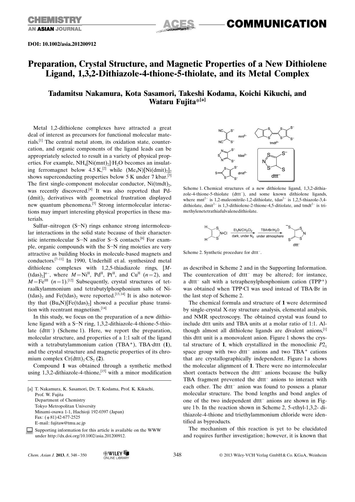 Preparation, Crystal Structure, and Magnetic Properties of a New Dithiolene Ligand, 1,3,2Dithiazole4thione5thiolate, and its Metal Complex by Unknown