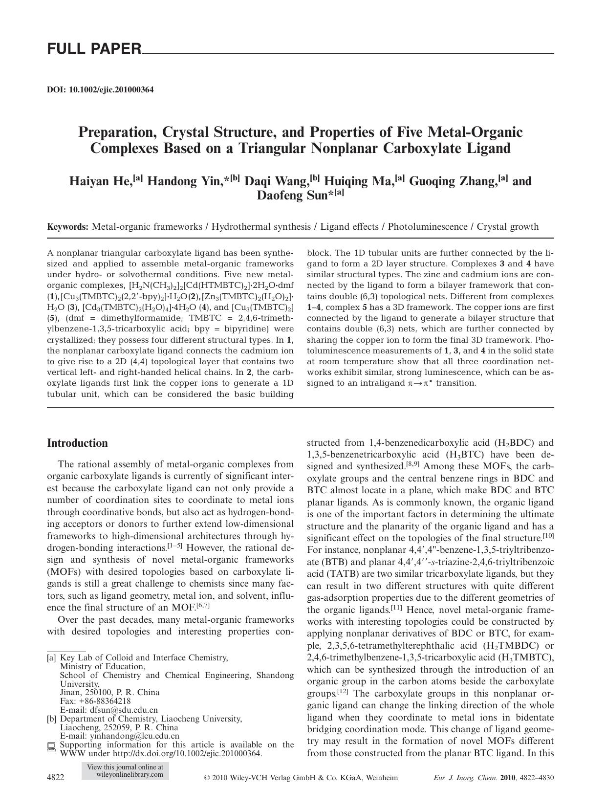 Preparation, Crystal Structure, and Properties of Five MetalOrganic Complexes Based on a Triangular Nonplanar Carboxylate Ligand by Unknown