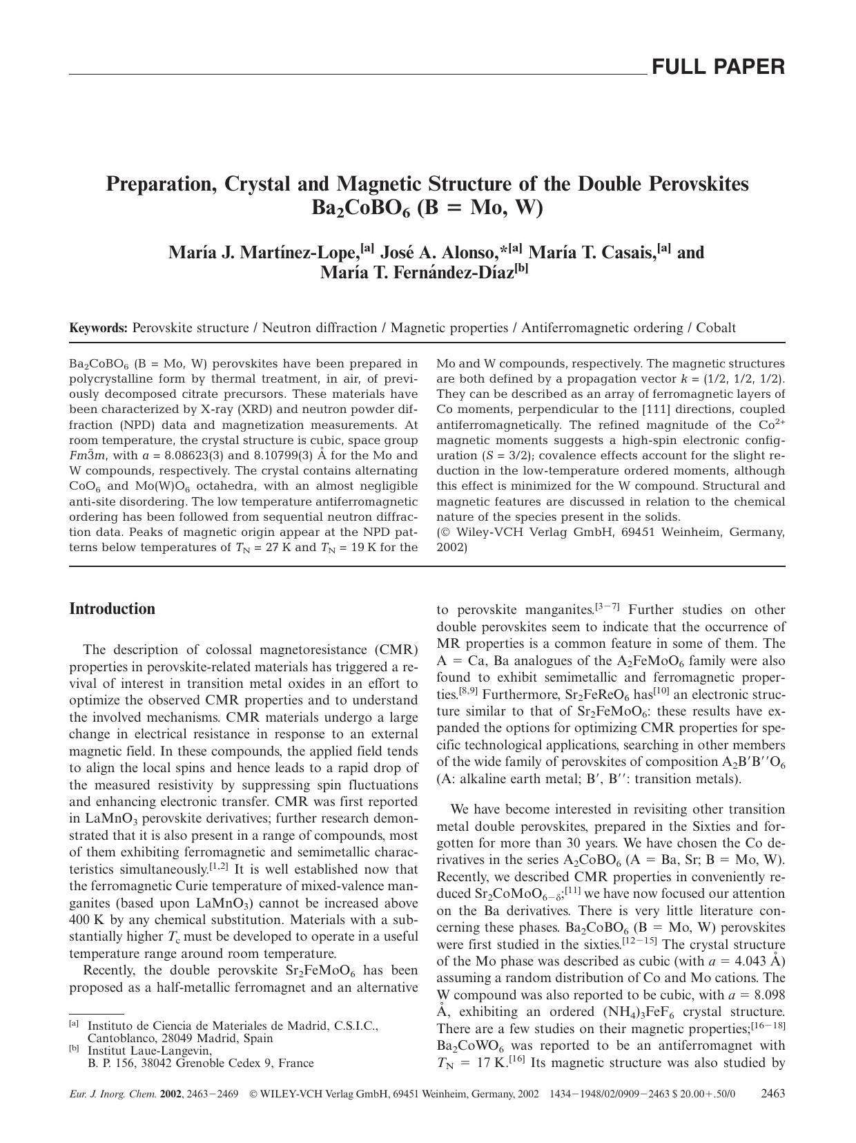 Preparation, Crystal and Magnetic Structure of the Double Perovskites Ba2CoBO6 (B = Mo, W) by Unknown