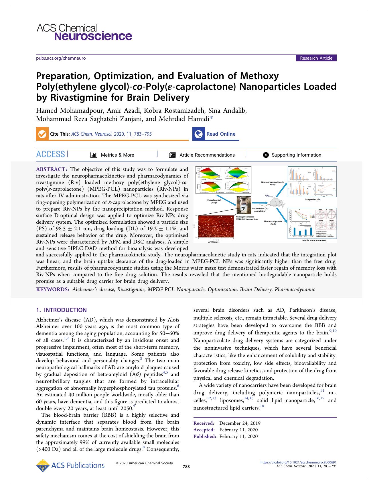 Preparation, Optimization, and Evaluation of Methoxy Poly(ethylene glycol)-co-Poly(Îµ-caprolactone) Nanoparticles Loaded by Rivastigmine for Brain Delivery by unknow