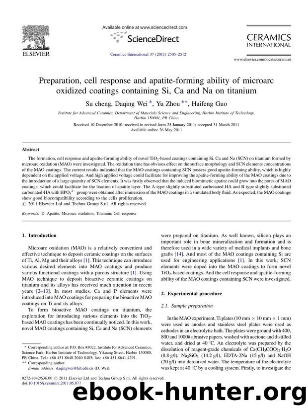 Preparation, cell response and apatite-forming ability of microarc oxidized coatings containing Si, Ca and Na on titanium by Su cheng