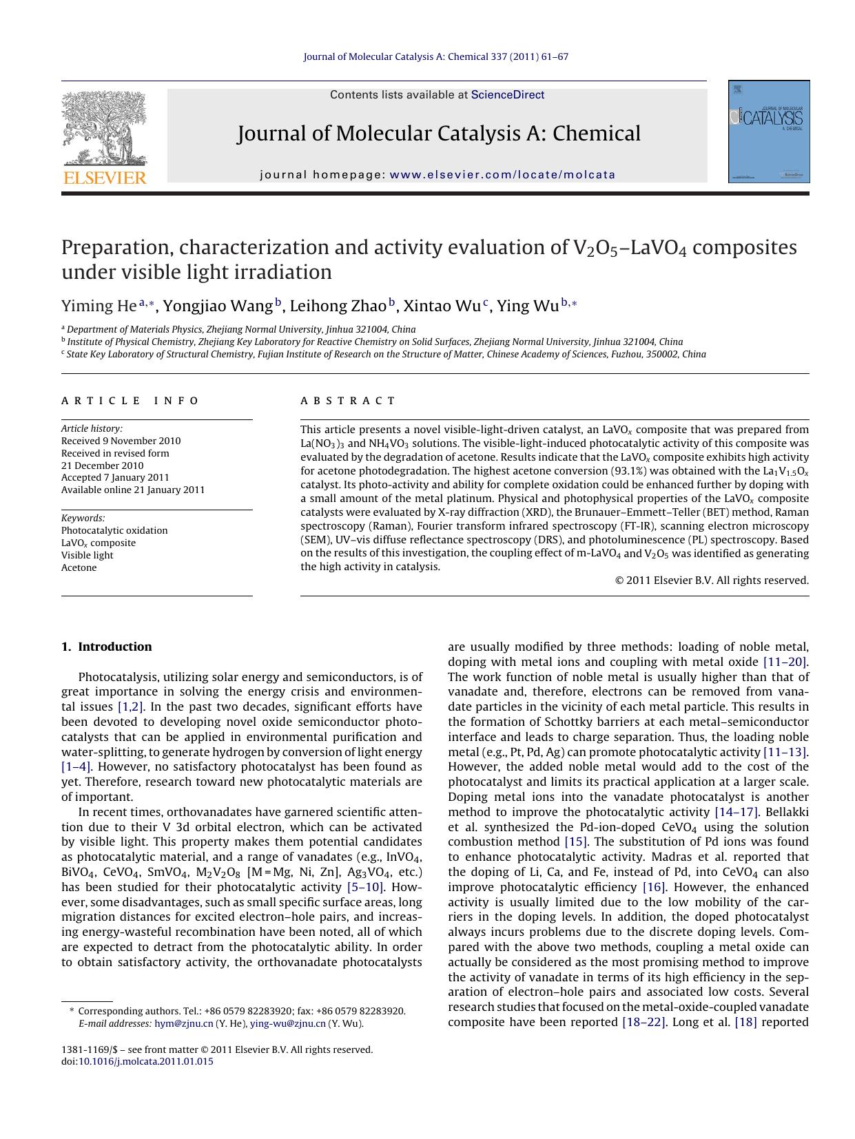 Preparation, characterization and activity evaluation of V2O5Ã¢â¬âLaVO4 composites under visible light irradiation by Yiming He