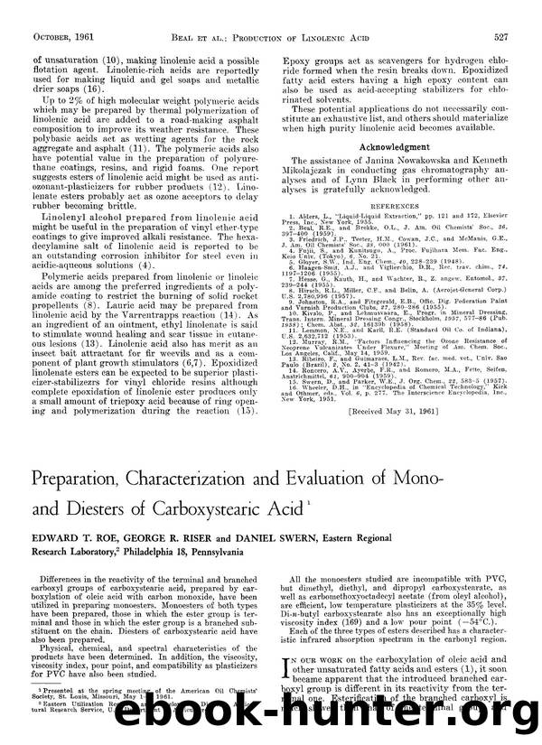 Preparation, characterization and evaluation of mono-and diesters of carboxystearic acid by Unknown