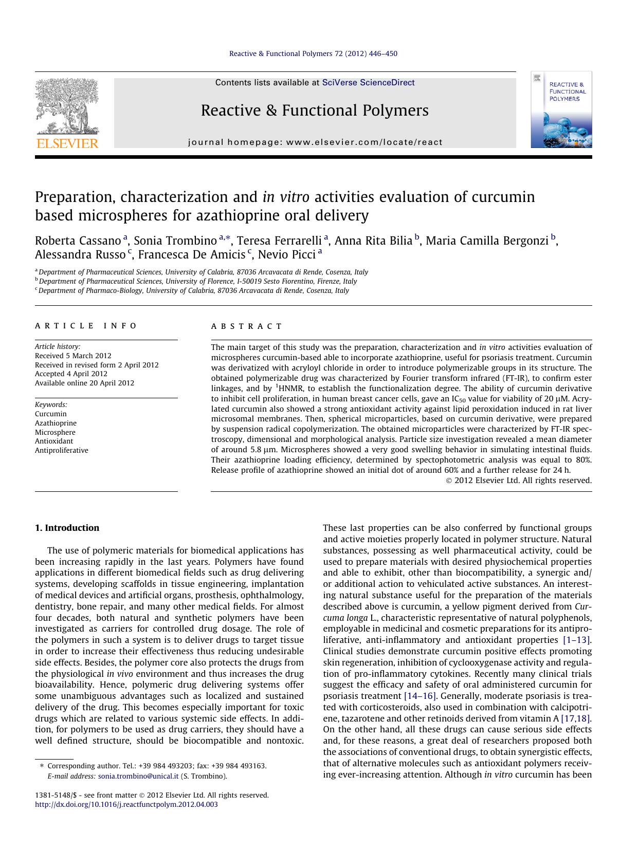 Preparation, characterization and in vitro activities evaluation of curcumin based microspheres for azathioprine oral delivery by unknow