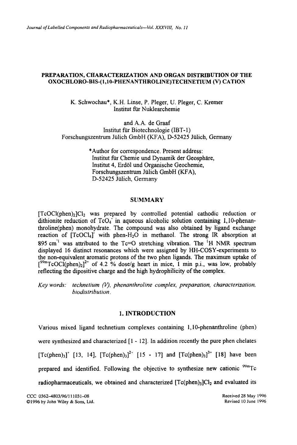 Preparation, characterization and organ distribution of the oxochloro-BIS-(1,10-phenanthroline)technetium (V) cation by Unknown