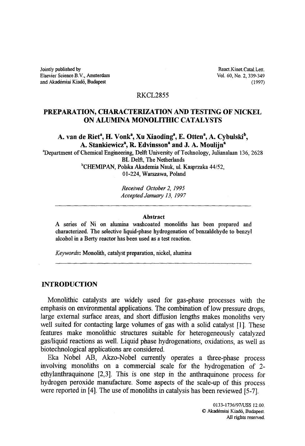 Preparation, characterization and testing of nickel on alumina monolithic catalysts by Unknown