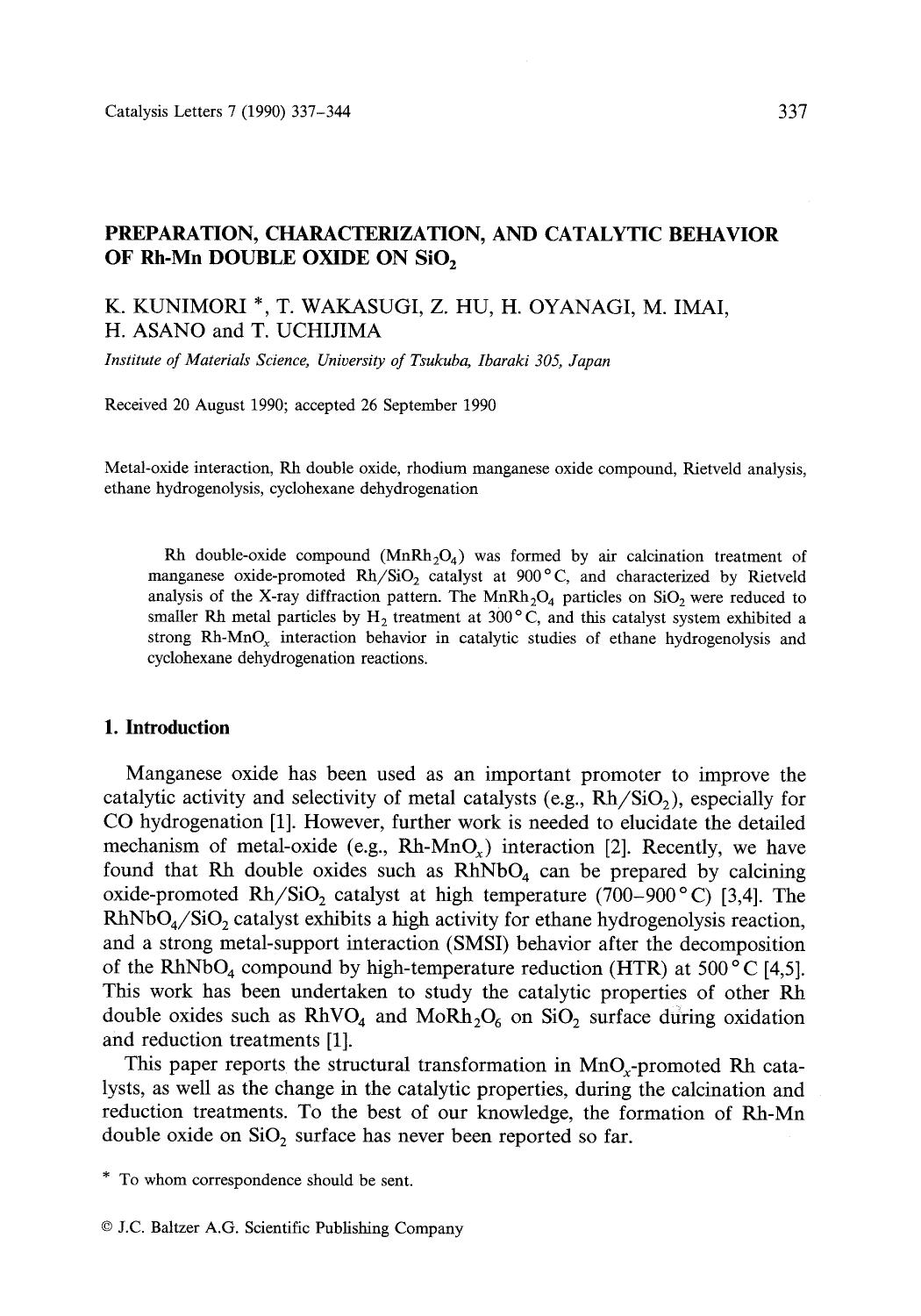 Preparation, characterization, and catalytic behavior of Rh-Mn double oxide on SiO <Subscript>2 <Subscript> by Unknown