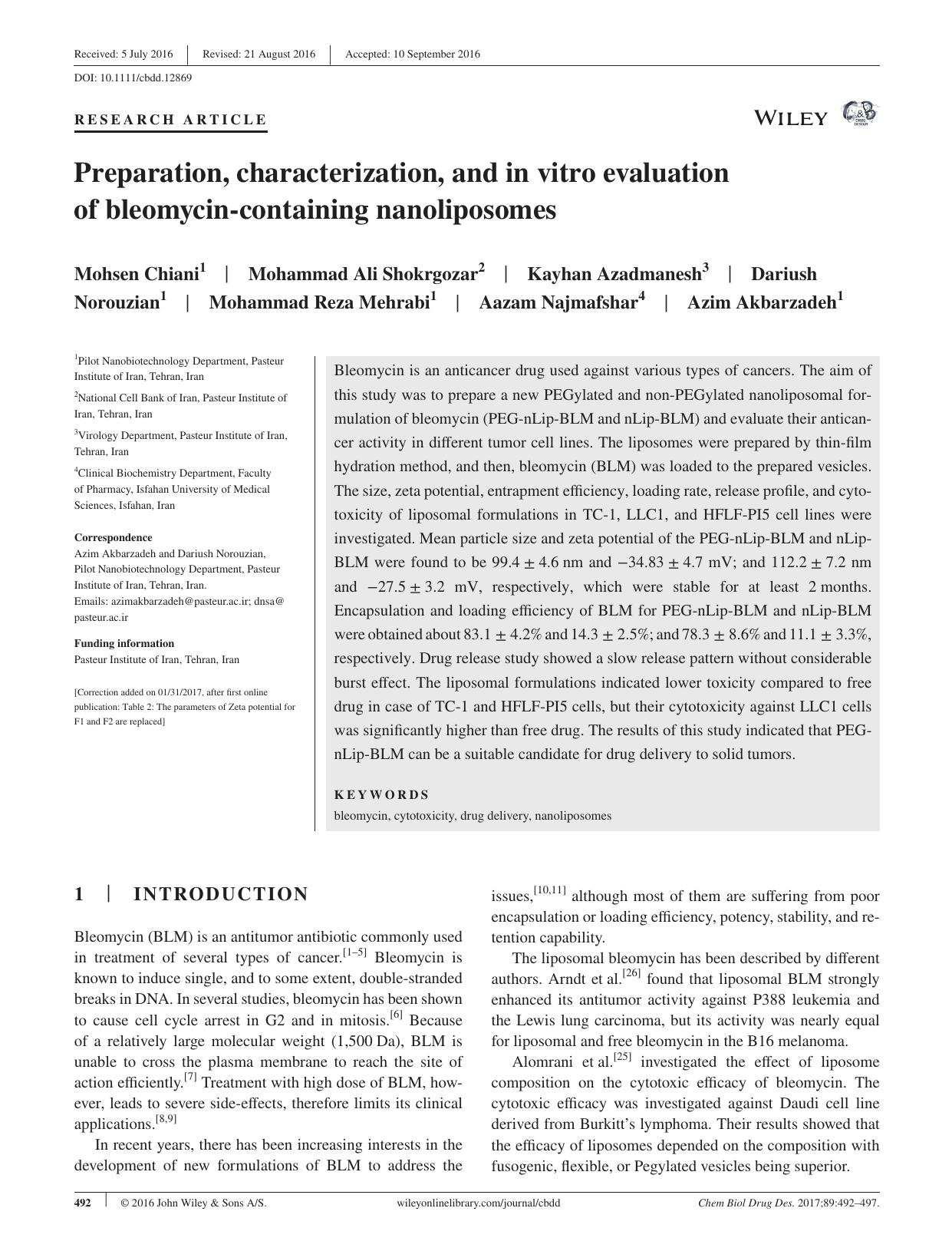 Preparation, characterization, and in vitro evaluation of bleomycin‐containing nanoliposomes by unknow