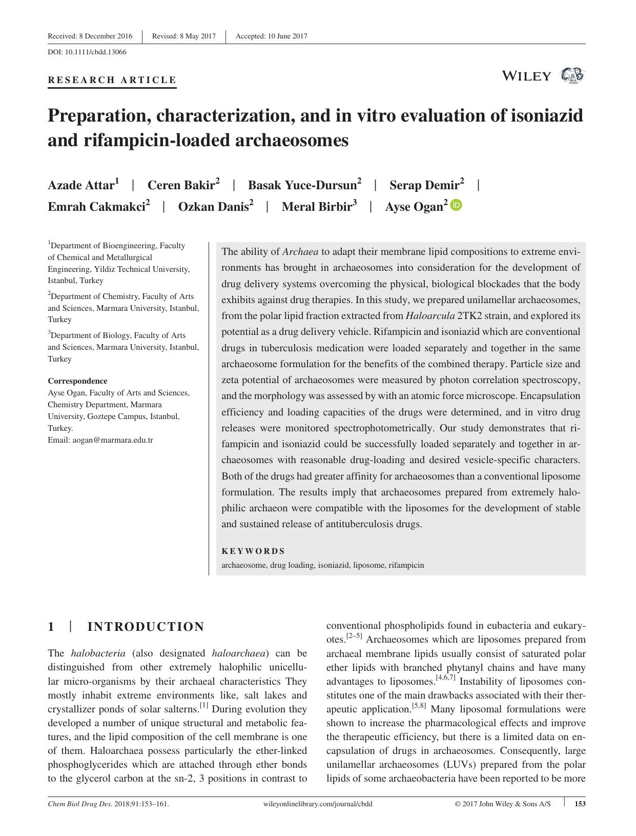 Preparation, characterization, and in vitro evaluation of isoniazid and rifampicin‐loaded archaeosomes by unknow