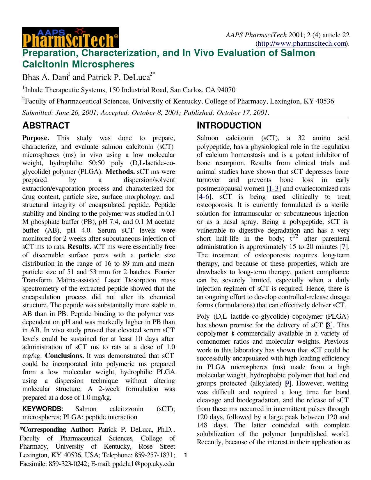 Preparation, characterization, and in vivo evaluation of salmon calcitonin microspheres by Unknown