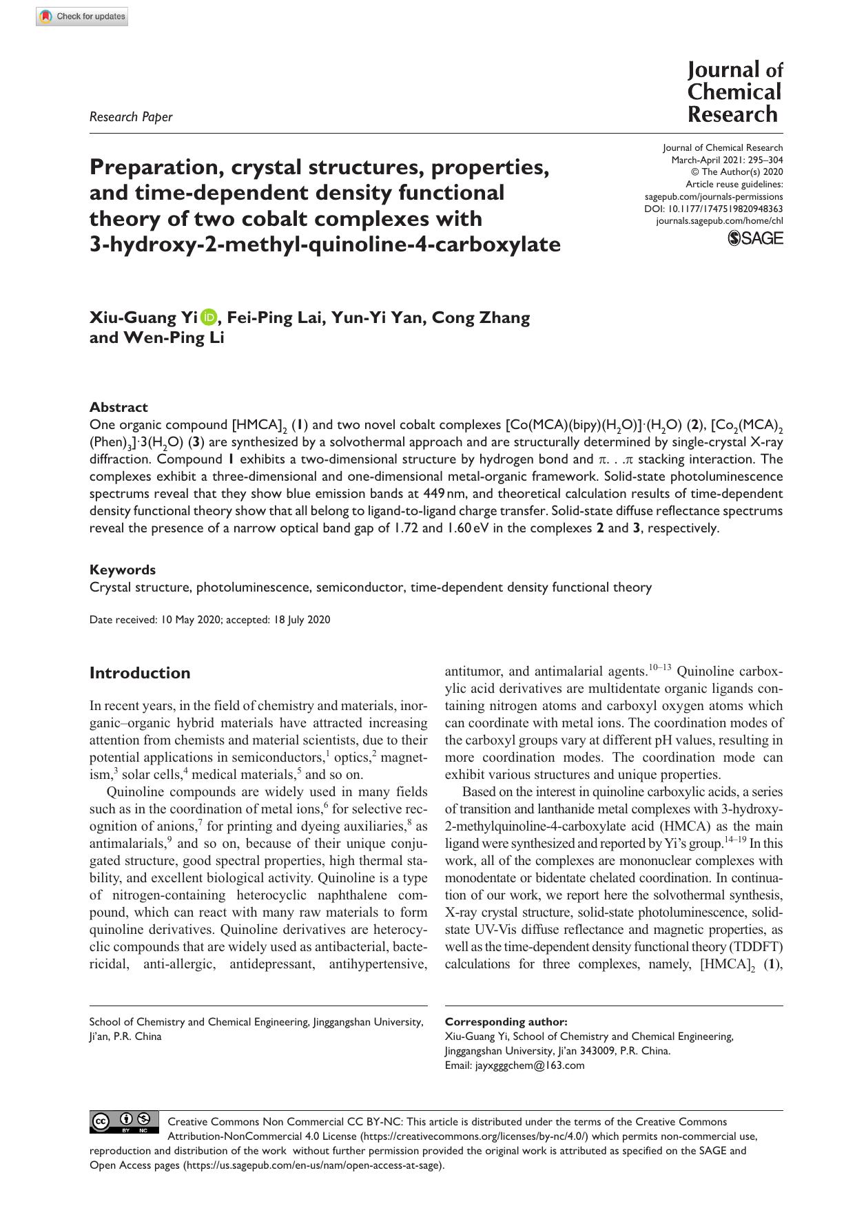 Preparation, crystal structures, properties, and time-dependent density functional theory of two cobalt complexes with 3-hydroxy-2-methyl-quinoline-4-carboxylate by Xiu-Guang Yi Fei-Ping Lai Yun-Yi Yan Cong Zhang & Wen-Ping Li