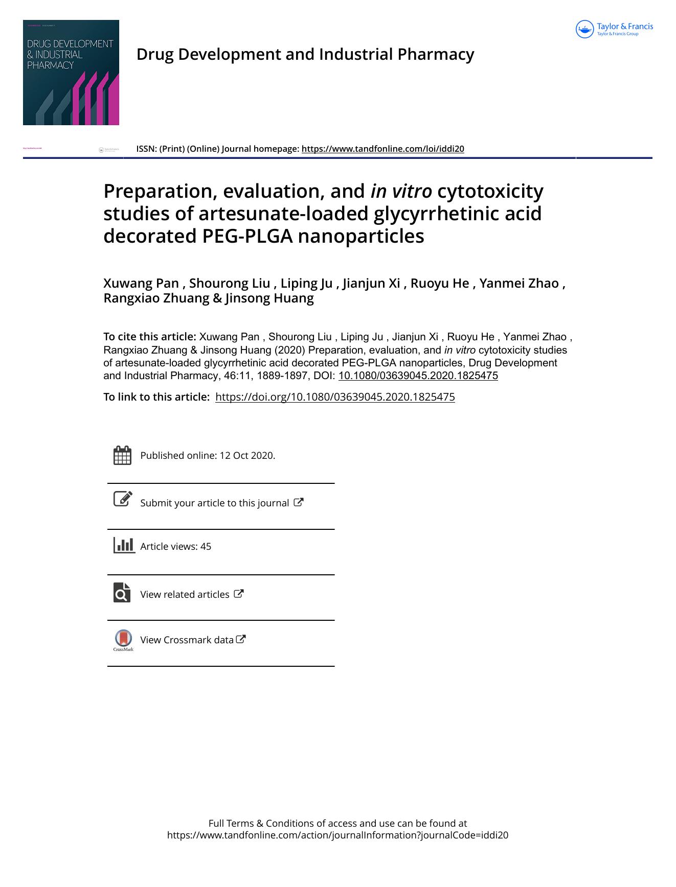 Preparation, evaluation, and inÂ vitro cytotoxicity studies of artesunate-loaded glycyrrhetinic acid decorated PEG-PLGA nanoparticles by unknow