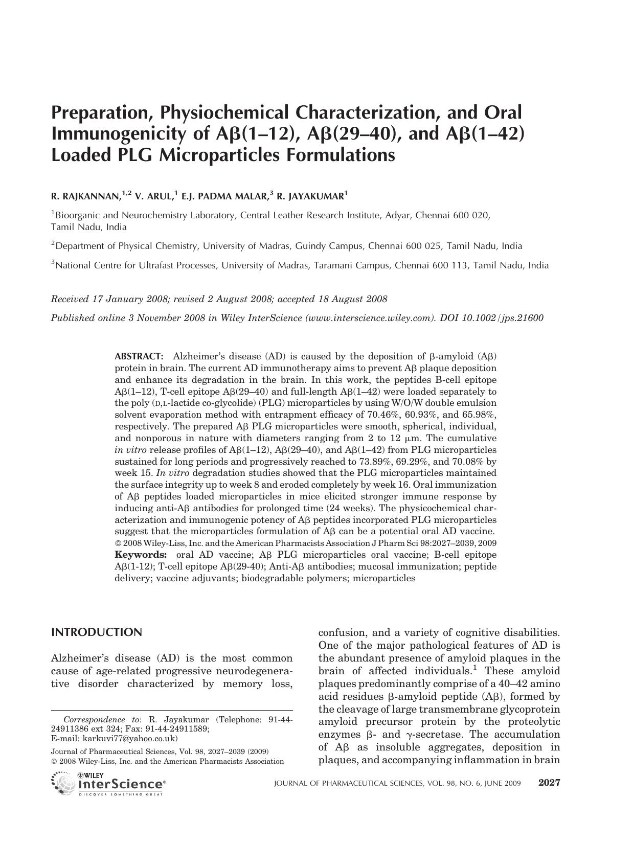 Preparation, physiochemical characterization, and oral immunogenicity of A[beta](1-12), A[beta](29-40), and A[beta](1-42) loaded PLG microparticles formulations by Unknown