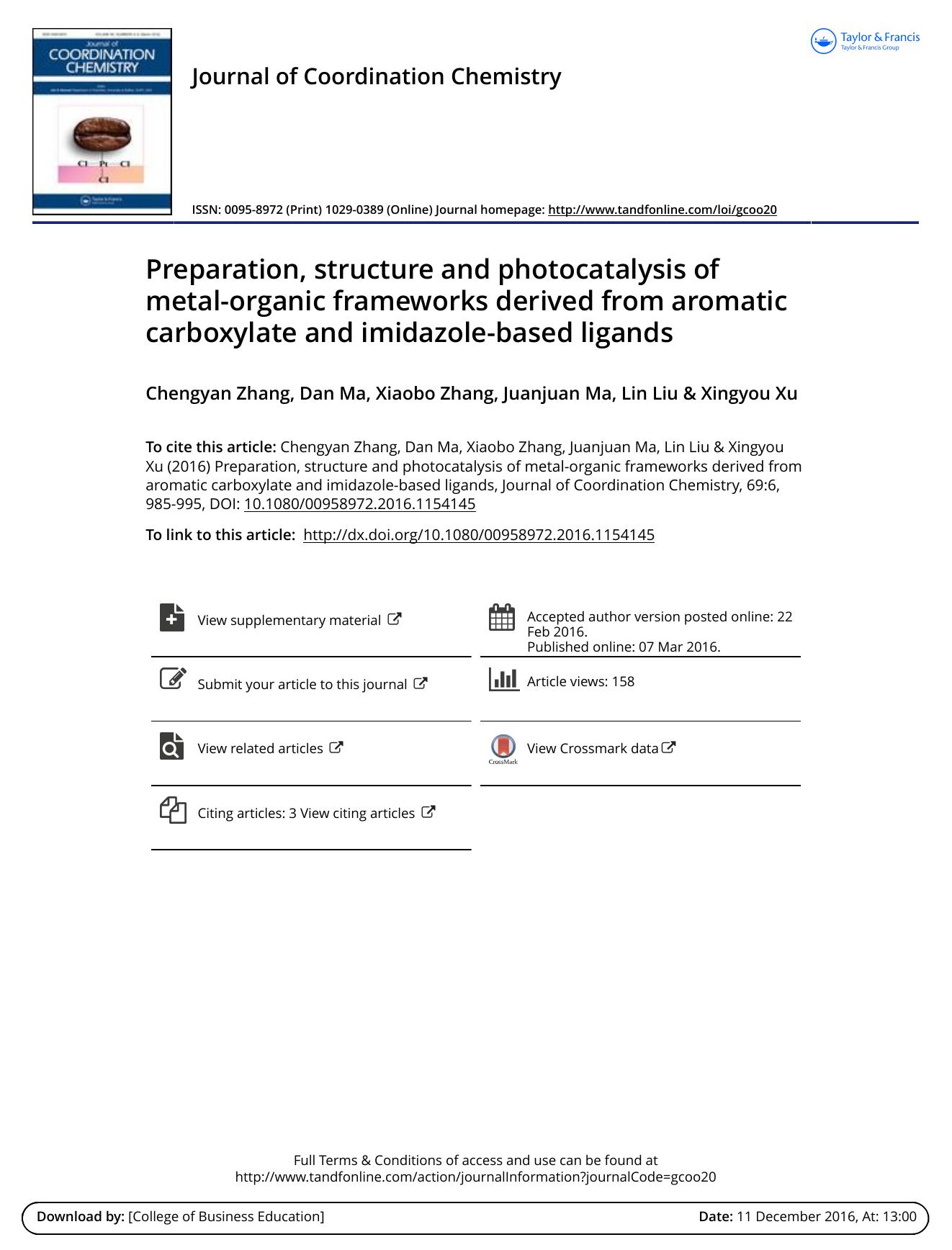 Preparation, structure and photocatalysis of metal-organic frameworks derived from aromatic carboxylate and imidazole-based ligands by Chengyan Zhang & Dan Ma & Xiaobo Zhang & Juanjuan Ma & Lin Liu & Xingyou Xu